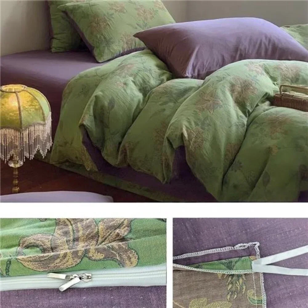 NEW Anthro Green Purple Floral Linen Boho Queen / King Bedding Duvet & Sham Set